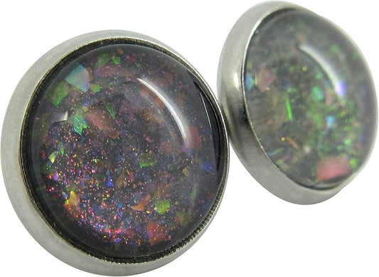 Summerfield Collection Stainless Steel Charcoal Gray and Rainbow Glitter Flake Glass Stud Earrings Hand-painted 10mm