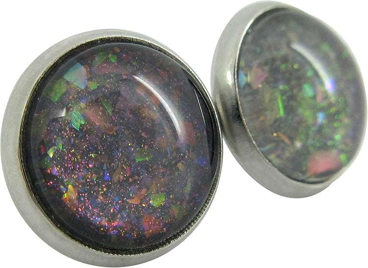 Summerfield Collection Stainless Steel Charcoal Gray and Rainbow Glitter Flake Glass Stud Earrings Hand-painted 10mm