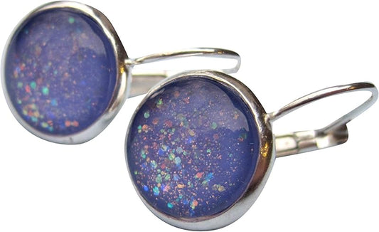 Summerfield Collection Silver-tone Periwinkle Purple Glitter Glass Lever-back Drop Galaxy Earrings Hand-painted
