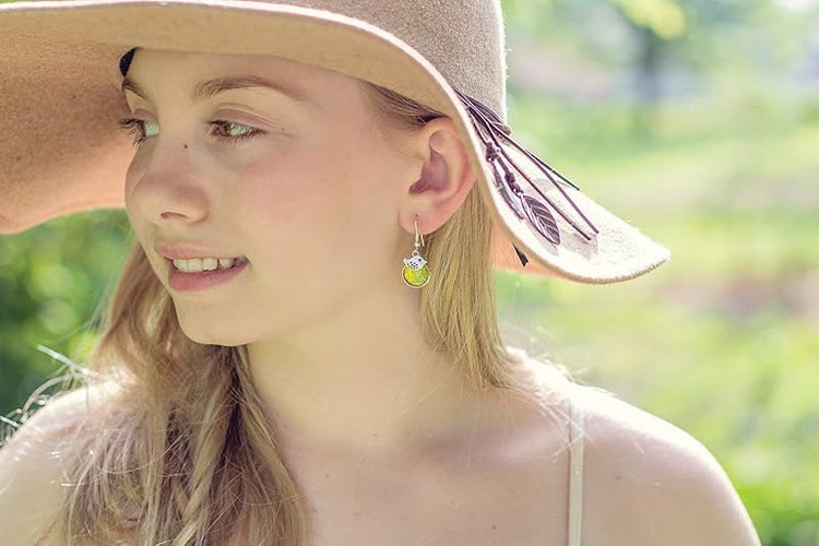 Summerfield Collection Silver-tone Yellow Green Glitter Glass Bird Charm Dangle Earrings Hand-painted