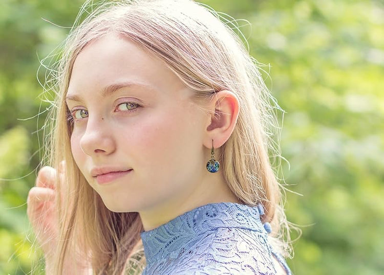 Summerfield Collection Antiqued Gold-tone Ocean Blue Glitter Glass Star Charm Galaxy Dangle Earrings Hand-painted