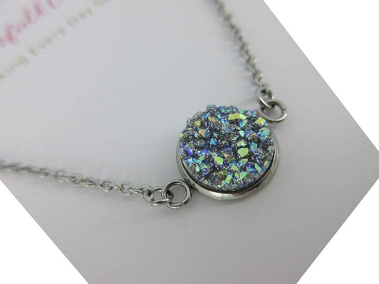 Summerfield Collection Stainless Steel Faux Druzy Stone Pendant Necklace (Frost Blue/Gray AB Glitter)