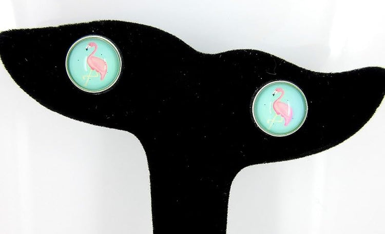 Summerfield Collection Silver-tone Teal Green Blue and Pink Flamingo Print Glass Stud Earrings 12mm