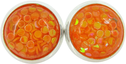Summerfield Collection Shiny Silver-tone Iridescent Glitter Resin Stud Earrings 10mm (Orange)