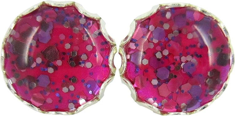 Summerfield Collection Silver-tone Hot Pink Glitter Glass Stud Earrings Hand-painted 10mm