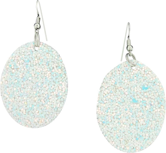 Summerfield Collection Silver-tone Glitter Faux Leather Oval Dangle Earrings (White AB)