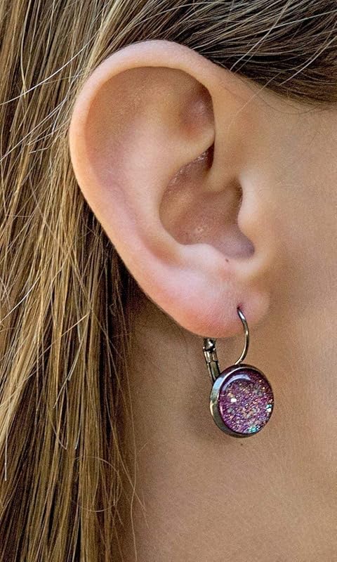 Summerfield Collection Hematite-tone Plum Berry Purple Glitter Glass Lever-back Drop Galaxy Earrings Hand-painted