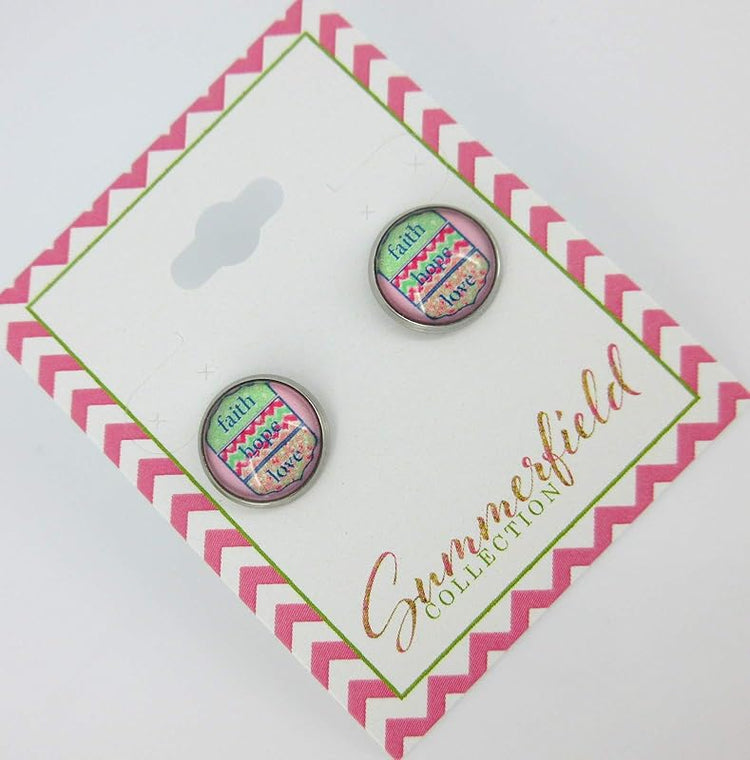Summerfield Collection Stainless Steel Faith Hope Love Print Glass Stud Earrings 12mm