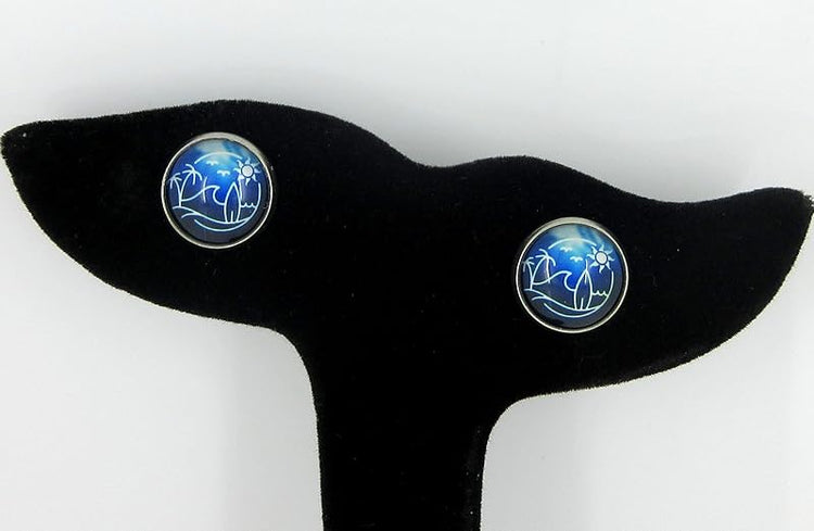 Summerfield Collection Stainless Steel Blue Surf Scene Ocean Waves Palm Trees Sun Print Glass Stud Earrings 12mm
