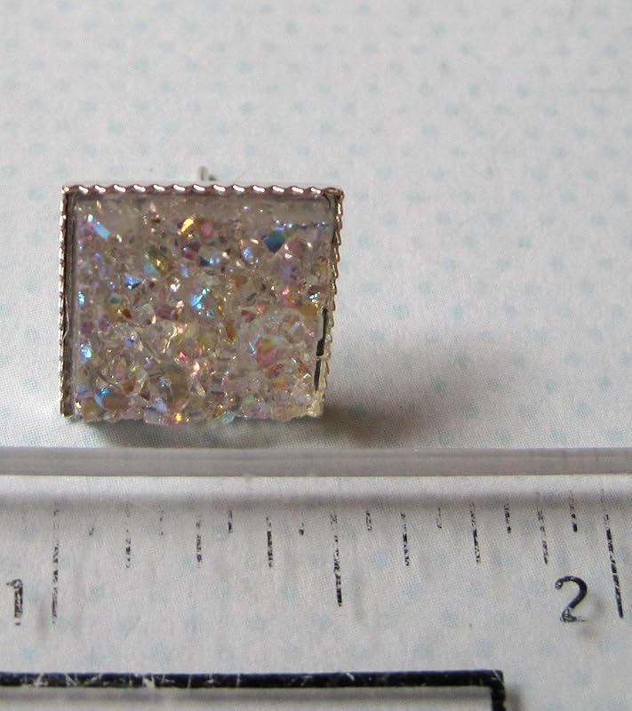 Summerfield Collection Silver-tone Metallic Geometric Square Shaped Chunky Faux Druzy Stud Earrings 12mm Statement (Clear AB)
