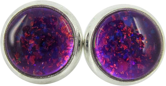 Summerfield Collection Silver-tone Electric Magenta Purple Glitter Glass Stud Earrings Hand-painted 8mm