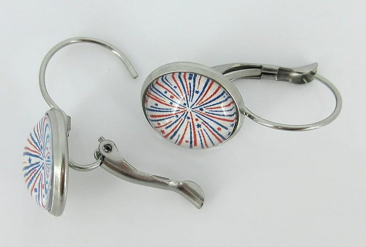 Summerfield Collection Stainless Steel Firework Print Glass Lever-back Drop Earrings 12mm Red White Blue USA