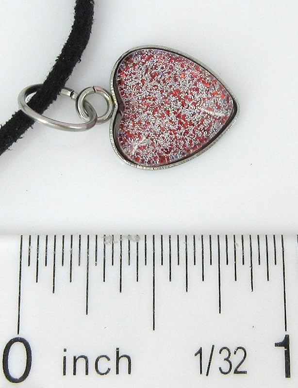 Summerfield Collection Red and Holographic Hand-painted Glass Heart Choker Necklace Faux Black Suede Cord Dangle Earrings Set