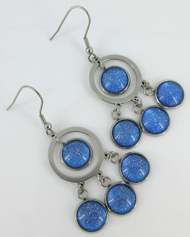 Summerfield Collection Stainless Steel Colorshifting Glitter Glass Chandelier Dangle Earrings Handpainted (Blue)