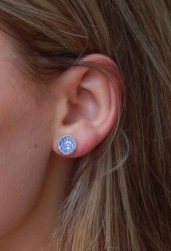 Summerfield Collection Duo Silver-tone Faux Druzy Stone Stud Earrings 8mm Set (Pink AB/Purple)
