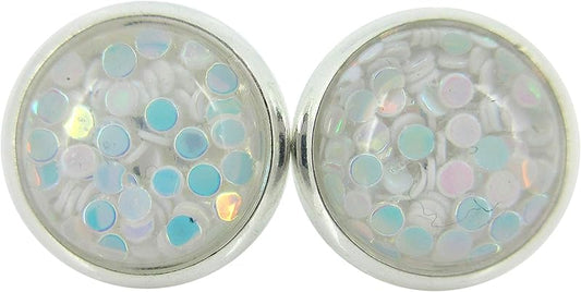 Summerfield Collection Shiny Silver-tone White Iridescent Glitter Resin Stud Earrings 10mm