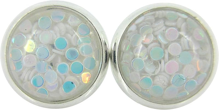 Summerfield Collection Shiny Silver-tone White Iridescent Glitter Resin Stud Earrings 10mm