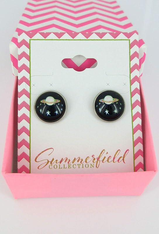 Summerfield Collection Stainless Steel Black Planet and Star Galaxy Print Glass Stud Earrings 12mm