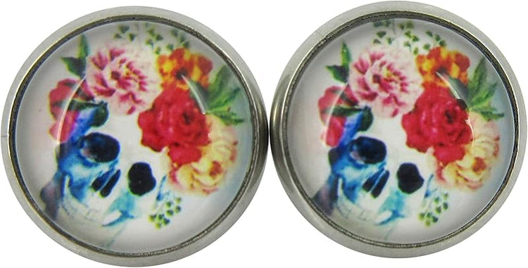 Summerfield Collection Stainless Steel Watercolor Skull with Flowers Printed Glass Stud Earrings 12mm