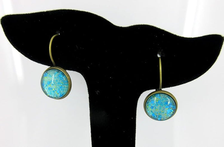 Summerfield Collection Antiqued Gold-tone Seafoam Green and Blue Glitter Glass Lever-back Drop Earrings Hand-painted