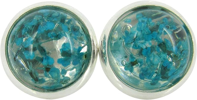 Summerfield Collection Silver-tone Clear and Dried Flower Resin Stud Earrings 10mm (Teal)