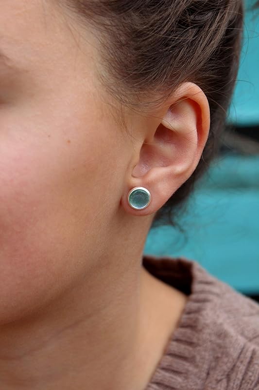 Summerfield Collection Silver-tone Blue Gray Purple Color Shift Glitter Glass Stud Earrings Hand-painted 8mm