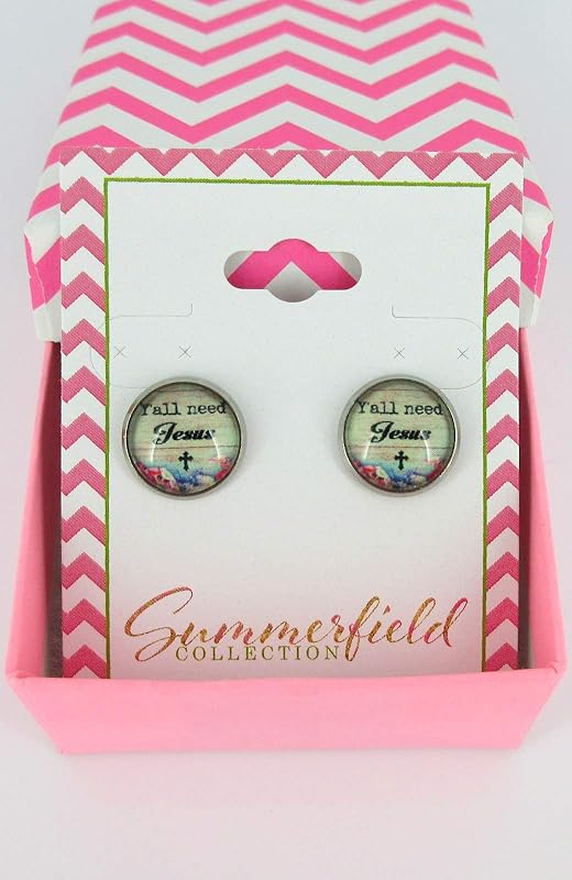Summerfield Collection Stainless Steel Y'all need Jesus Print Glass Stud Earrings 12mm