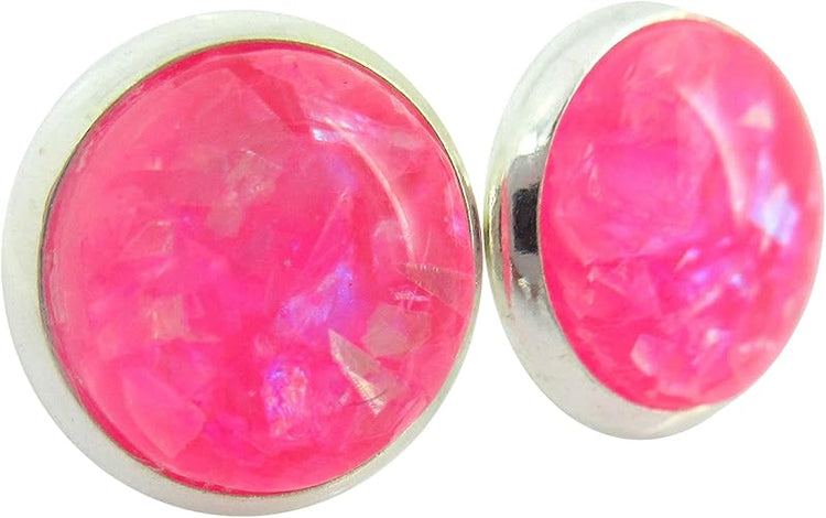 Summerfield Collection Shiny Silver-tone Opalescent Leaf Resin Stud Earrings 10mm (Hot Pink)
