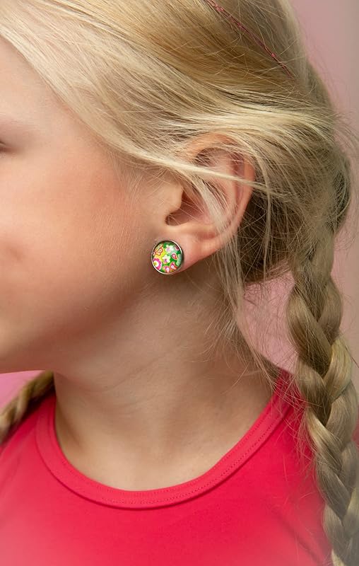 Summerfield Collection Stainless Steel Green and Pink Flower Paisley Print Glass Stud Earrings 12mm Vintage Vibe