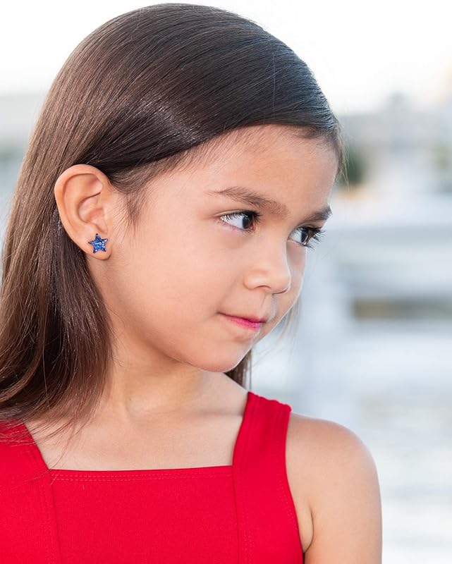 Summerfield Collection Dark Royal Blue Star Shaped Glitter Glass Galaxy Stud Earrings 10mm Hand-painted
