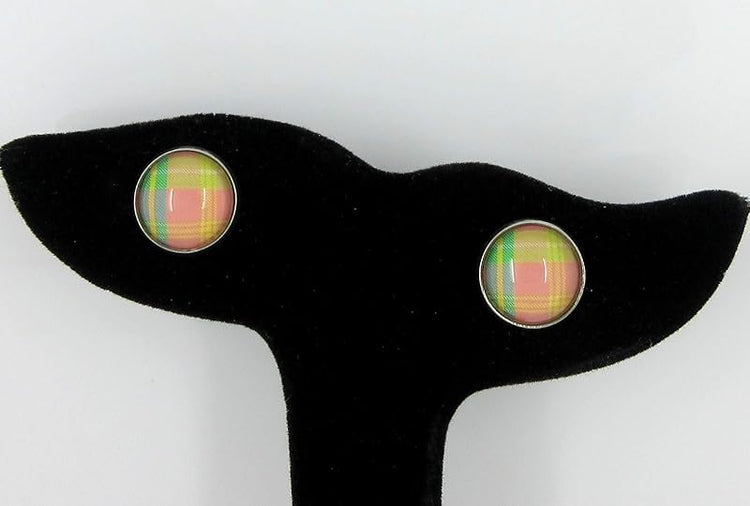 Summerfield Collection Stainless Steel Duo Stud Earrings Plaid Print Glass 12mm Set (Pastel)