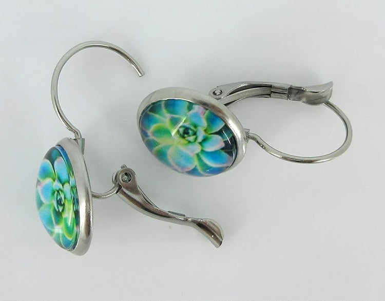 Summerfield Collection Stainless Steel Succulent Printed Glass Necklace Drop Earrings Set (Blue/Green)