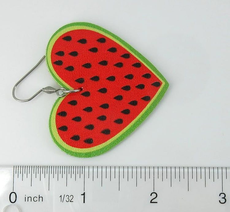 Summerfield Collection Watermelon Faux Leather Large Heart Dangle Earrings Stainless Steel Red Green Black Fruit