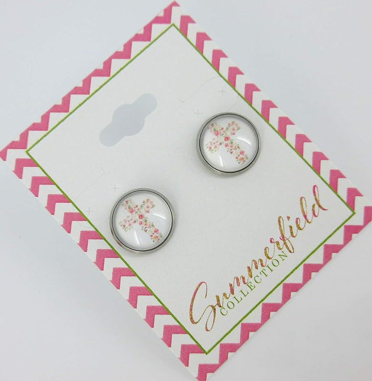 Summerfield Collection Stainless Steel White and Pink Flower Cross Print Glass Stud Earrings 12mm