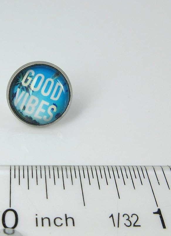 Summerfield Collection Stainless Steel Good Vibes Print Glass Stud Earrings 12mm (Blue Sky)
