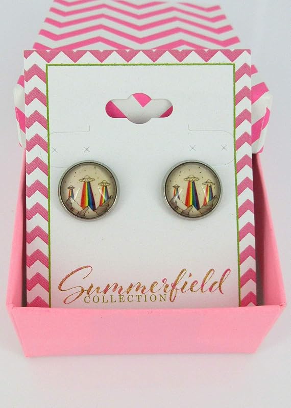 Summerfield Collection Stainless Steel Rainbow UFO Print Glass Stud Earrings 12mm