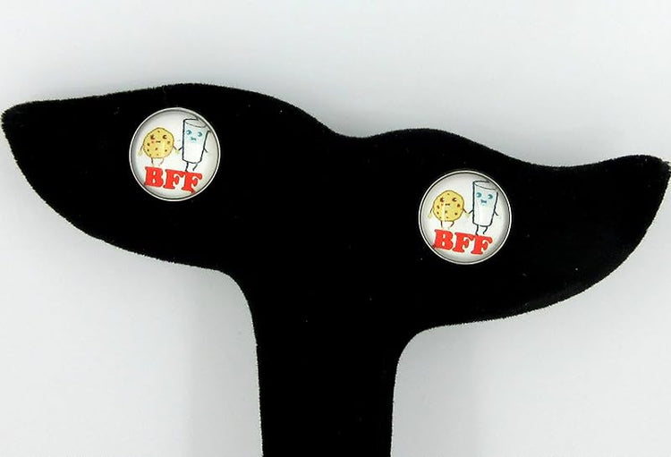 Summerfield Collection Stainless Steel Best Friends Print Glass Stud Earrings 12mm (Milk and Cookies)