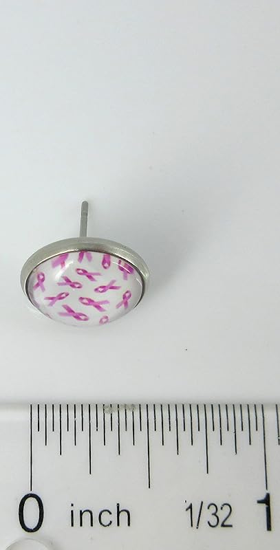 Summerfield Collection Stainless Steel Pink Ribbon Breast Cancer Awareness Printed Glass Stud Earrings 12mm White