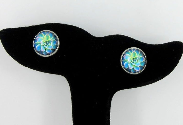 Summerfield Collection Stainless Steel Succulent Plant Print Glass Stud Earrings 12mm (Blue/Green)