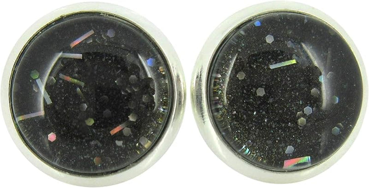 Summerfield Collection Silver-tone Black Galaxy Glitter Glass Stud Earrings Hand-painted 10mm