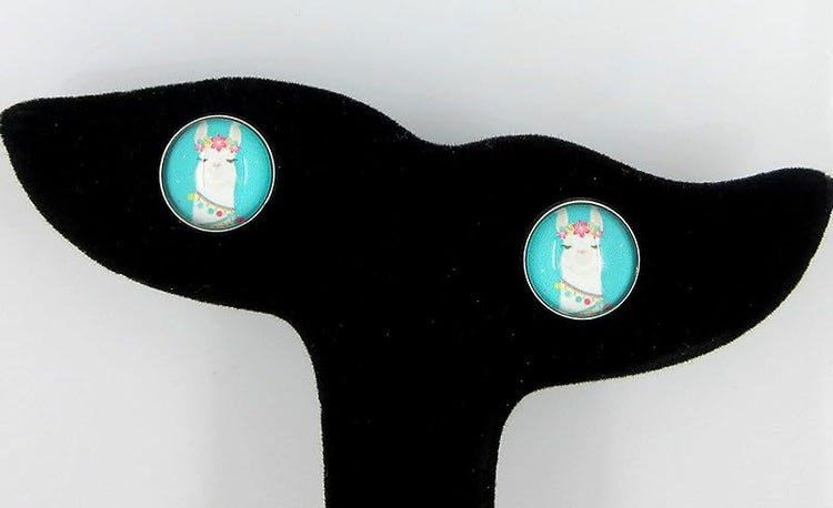 Summerfield Collection Stainless Steel Llama Print Glass Stud Earrings 12mm (Teal Face)