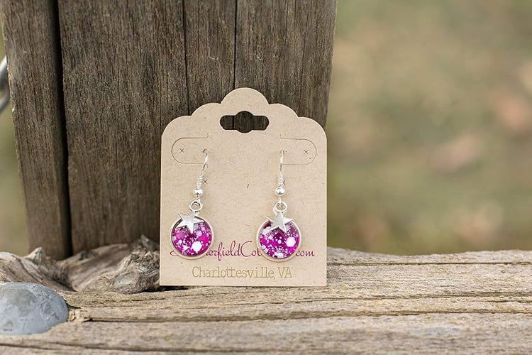 Summerfield Collection Silver-tone Magenta Pink and White Glitter Glass Star Galaxy Dangle Earrings