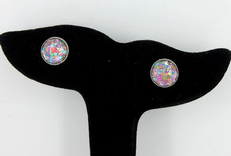Summerfield Collection Stainless Steel Metallic Pastel Glitter Glass Stud Earrings Hand-painted 10mm