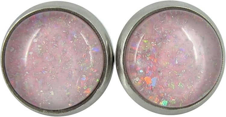 Summerfield Collection Stainless Steel Pale Pink and Iridescent Glitter Glass Stud Earrings Hand-painted 10mm