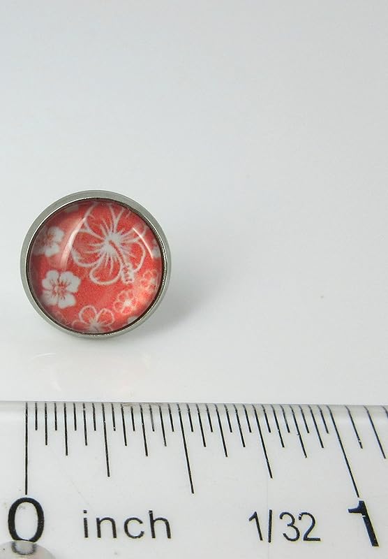 Summerfield Collection Stainless Steel Hibiscus Flower Print Glass Stud Earrings 12mm Hawaiian (Coral Peach Pink)