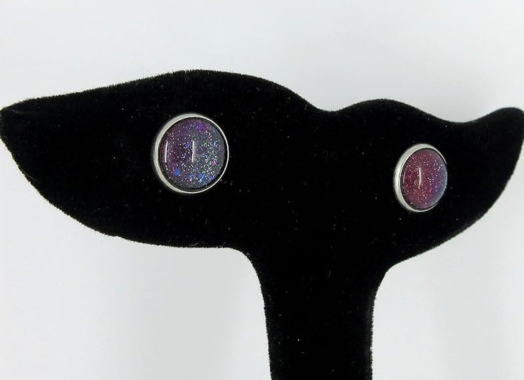 Summerfield Collection Stainless Steel Dark Galaxy Blue Colorshifting to Purple and Red Glitter Glass Stud Earrings Hand-painted 10mm