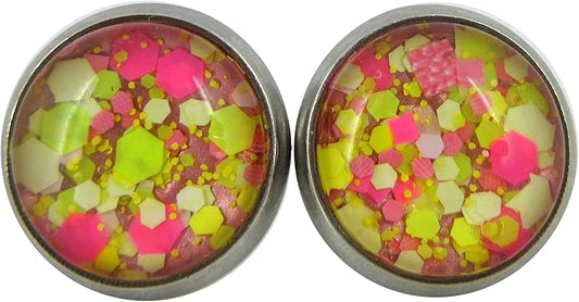 Summerfield Collection Stainless Steel Strawberry Lemonade Glitter Glass Stud Earrings Hand-painted 10mm