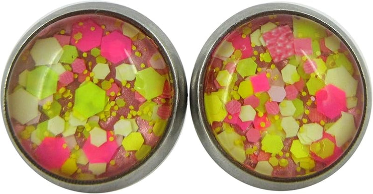 Summerfield Collection Stainless Steel Strawberry Lemonade Glitter Glass Stud Earrings Hand-painted 10mm