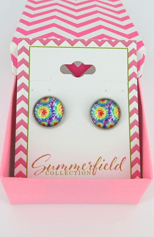 Summerfield Collection Stainless Steel Tie Dye Print Glass Stud Earrings 12mm (Rainbow)