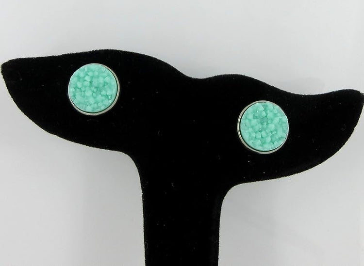 Summerfield Collection Duo Stud Earrings Stainless Steel Sweet Mint Green Faux Druzy Stone and Flamingo Print Glass 12mm Set